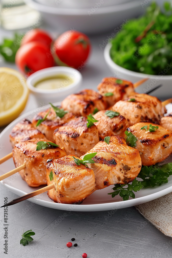 A plate of grilled salmon with lemon wedges and parsley A plate of grilled salmon with lemon wedges and parsley