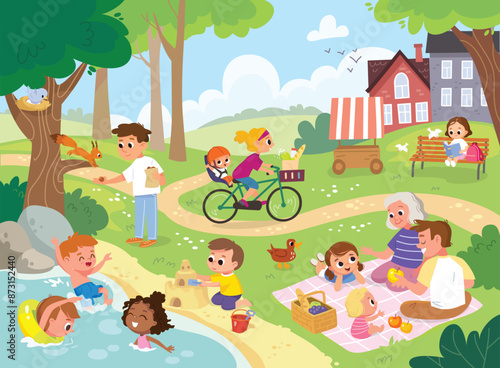 Family and children walking in park. Family picnic with a basket full of fruits. Nice summer day in a park. Children swim and have fun outdoors. People enjoy nature and give food to the wild animals.