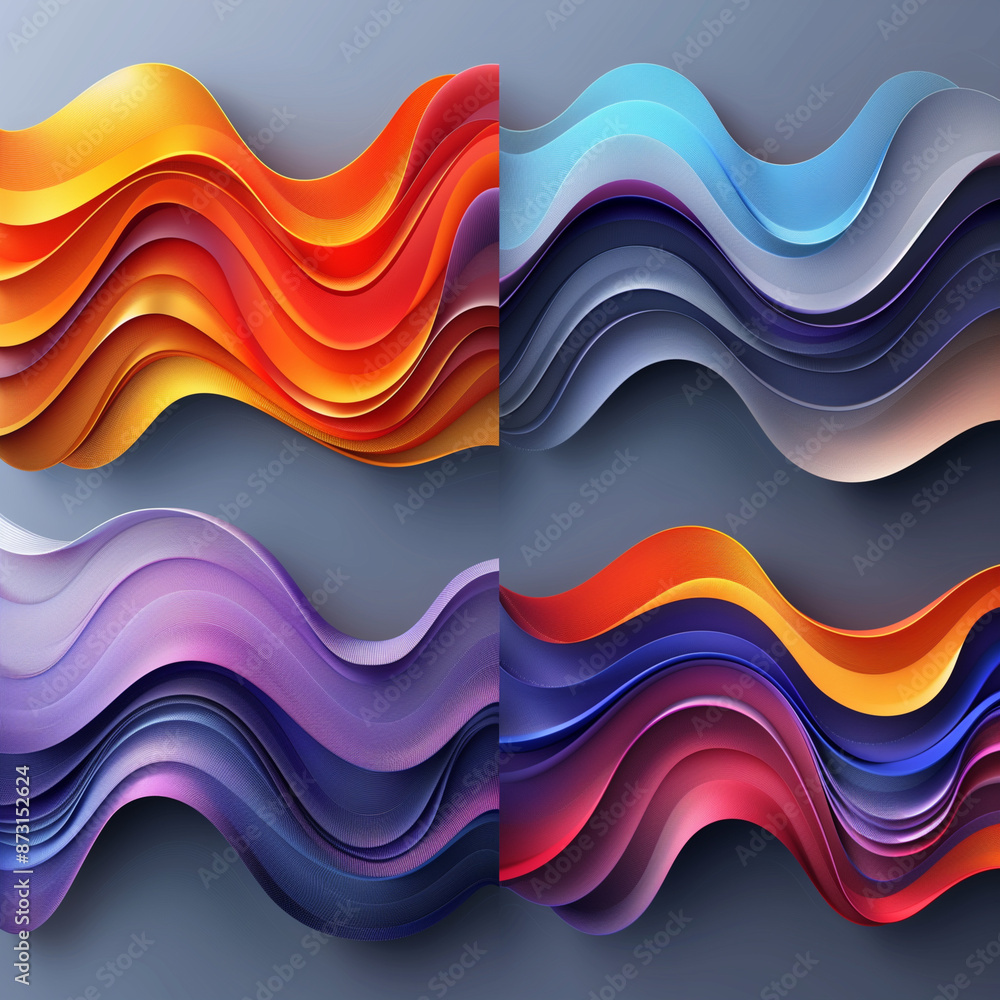 Four different colored waves with a blue background. The waves are purple, orange, blue, and red Four different colored waves with a blue background. The waves are purple, orange, blue, and red