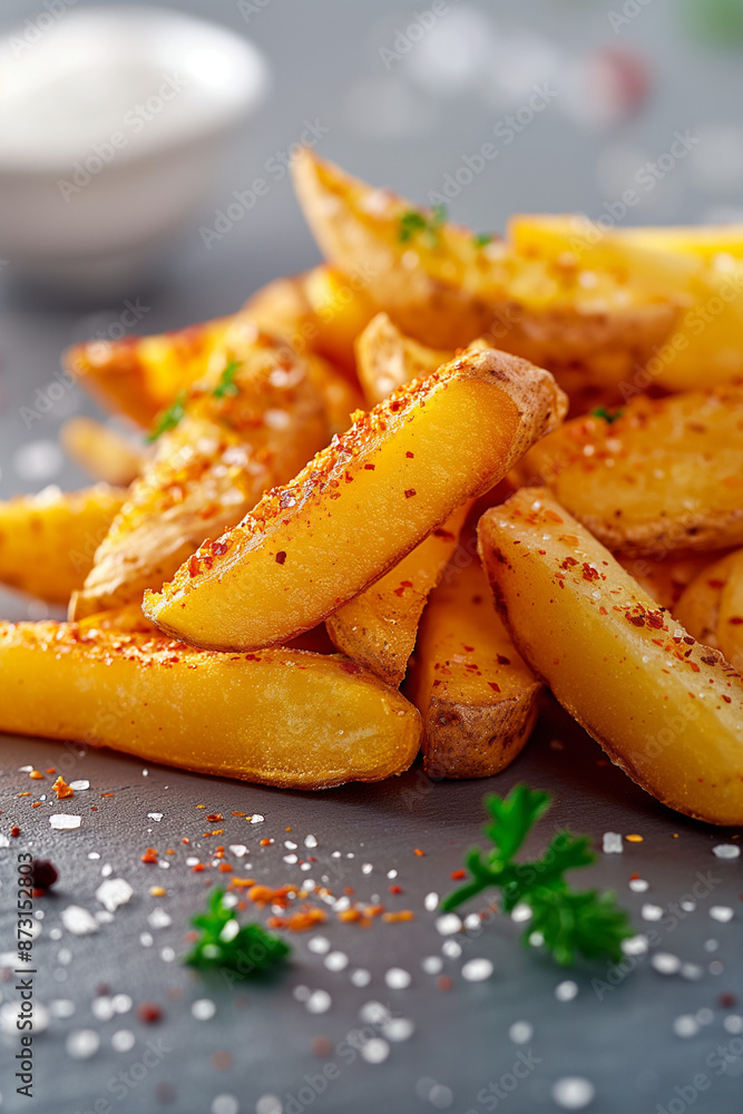 A pile of french fries with a white bowl of sauce on the table A pile of french fries with a white bowl of sauce on the table