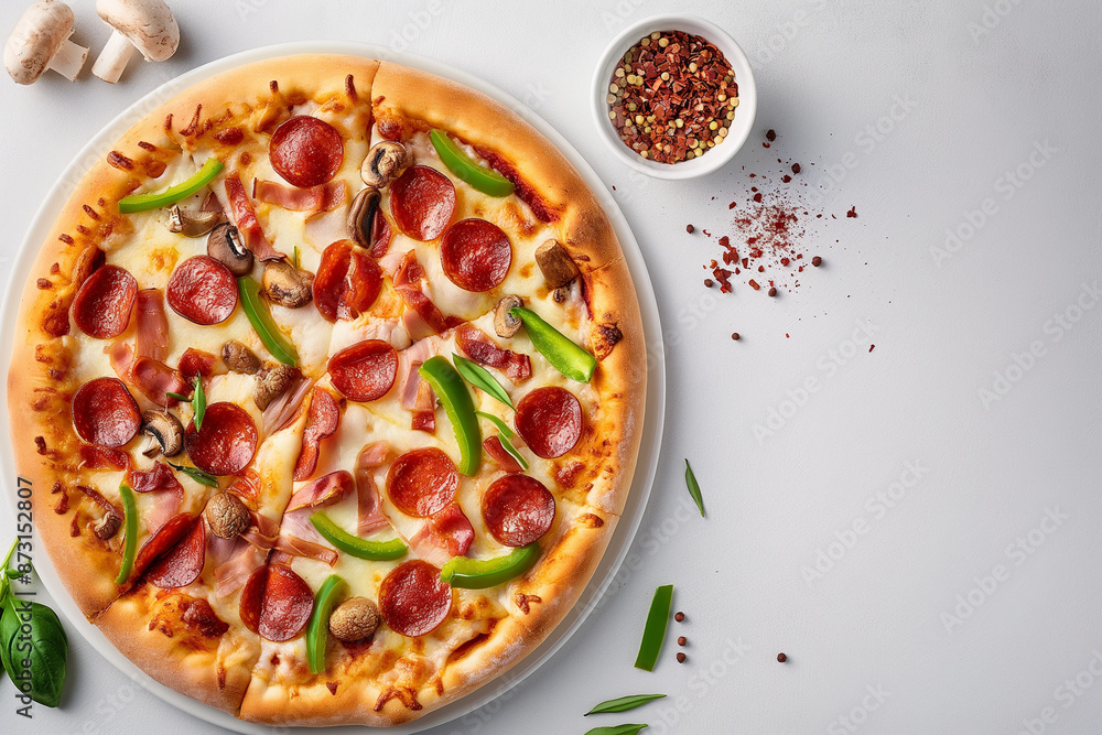 A pizza with pepperoni, mushrooms, and green peppers sits on a white plate A pizza with pepperoni, mushrooms, and green peppers sits on a white plate