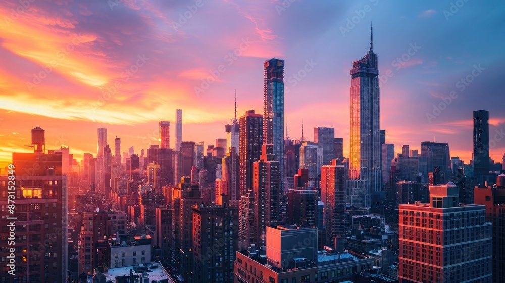 Obraz premium A city skyline at sunset, with the sky ablaze in shades of orange and pink behind towering city buildings.