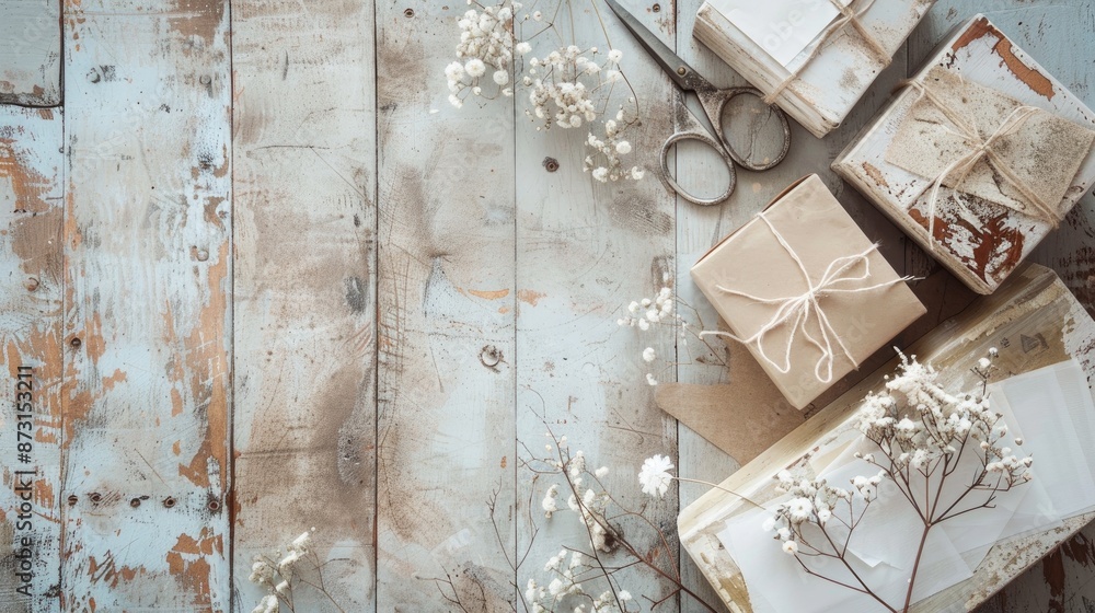 Decorated boxes blank paper and old scissors in a shabby chic setting Decorated boxes blank paper and old scissors in a shabby chic setting