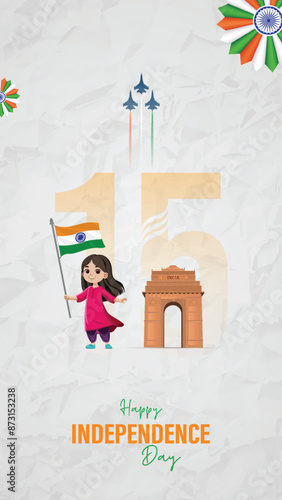 Indian Independence Day, Poster, with, Independence Day India, pride and joy, an illustration featuring cultural symbols, the tricolor flag, and the iconic India Gate, 