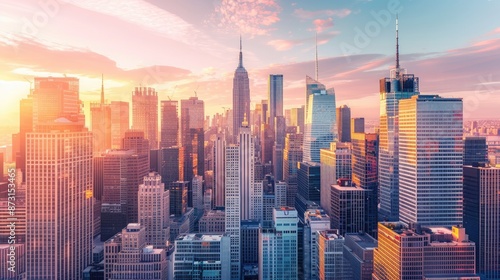 A city skyline at sunset, with the last rays of sunlight painting the skyscrapers in warm shades of pink and gold.