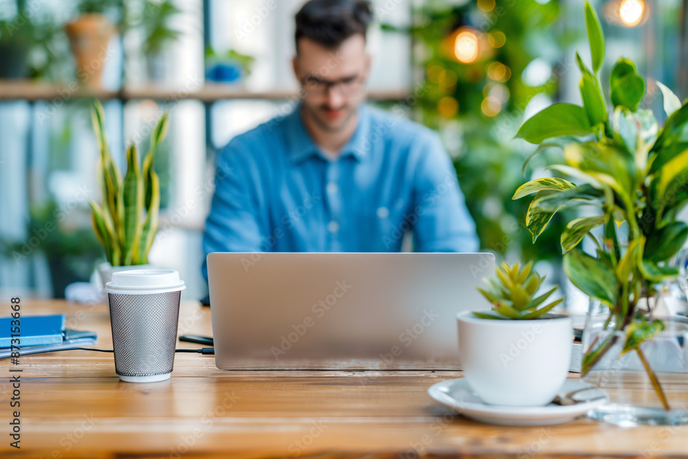 Fototapeta premium A man is sitting at a desk with a laptop and a cup of coffee