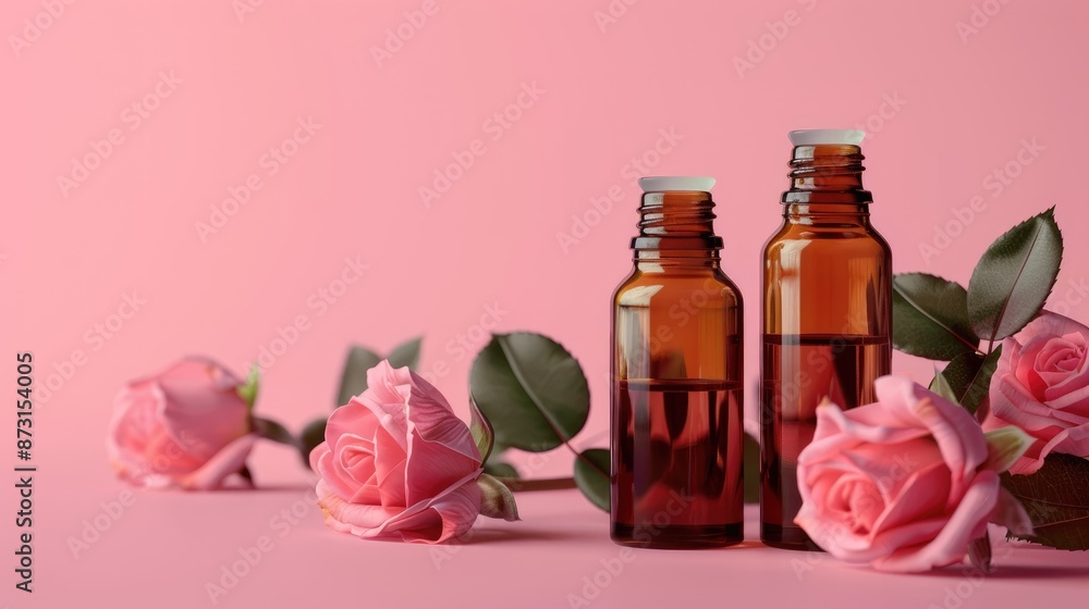 Rose essential oil bottles on bright background with room for text Rose essential oil bottles on bright background with room for text