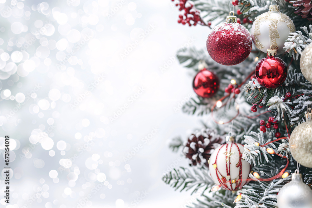 Fototapeta premium A beautifully decorated Christmas tree with red and gold ornaments and snowy branches, creating a festive and joyful atmosphere