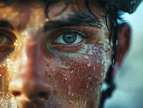 Close-up of a determined athlete's face covered in sweat, emphasizing intensity and focus during a vigorous outdoor workout.