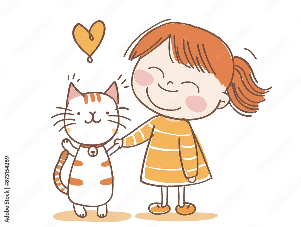 A girl is with her favorite cat. Children's drawing with cartoon style. White background.