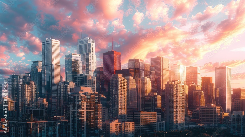 Obraz premium A city skyline at sunset, with the last rays of sunlight painting the skyscrapers in warm shades of pink and gold.