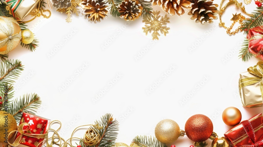 Christmas border with white space for greetings adorned with gold decorations and gifts Christmas border with white space for greetings adorned with gold decorations and gifts