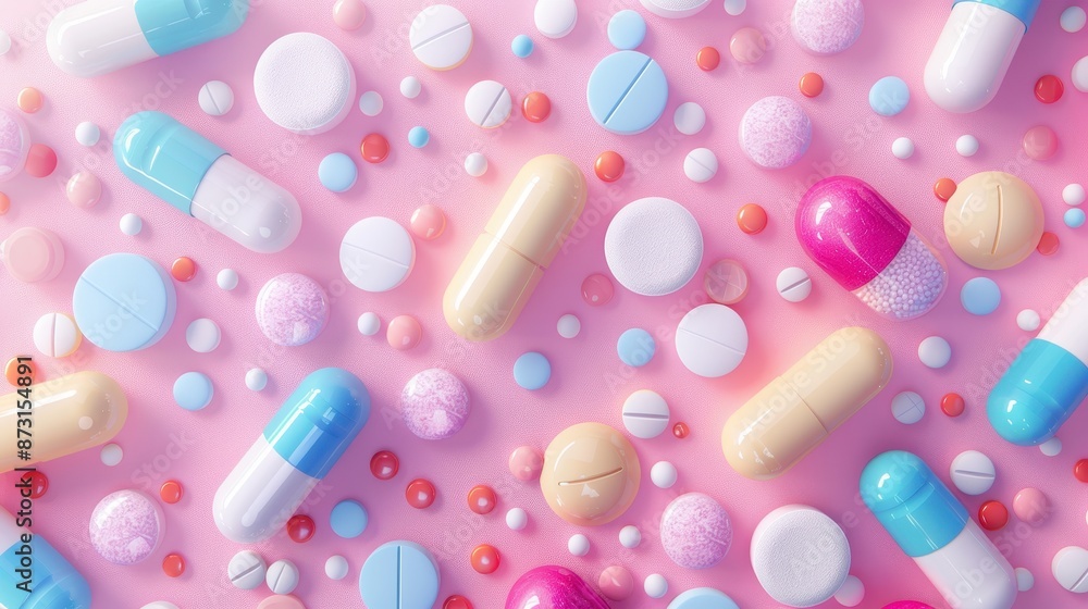 Illustration of varied pills and medication capsules, pastel color background, soothing and soft, illustration background Illustration of varied pills and medication capsules, pastel color background, soothing and soft, illustration background