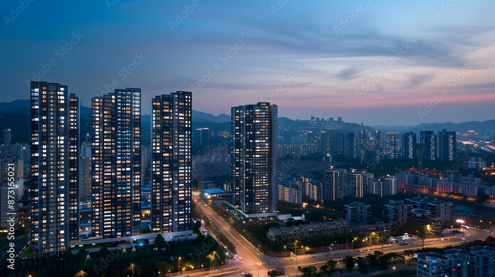 Fototapeta premium Mesmerizing Cityscape at Twilight with Glowing Skyscrapers and Illuminated Infrastructure