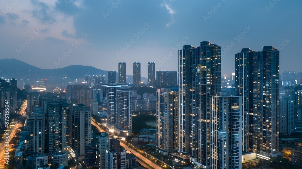 Naklejka premium Majestic Cityscape Skyline with Illuminated High-Rise Skyscrapers at Night