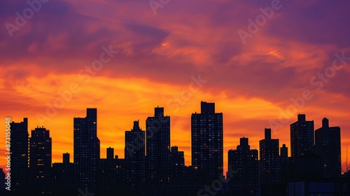 A city skyline at sunset, with the sky filled with hues of orange and purple behind the silhouettes of tall buildings.