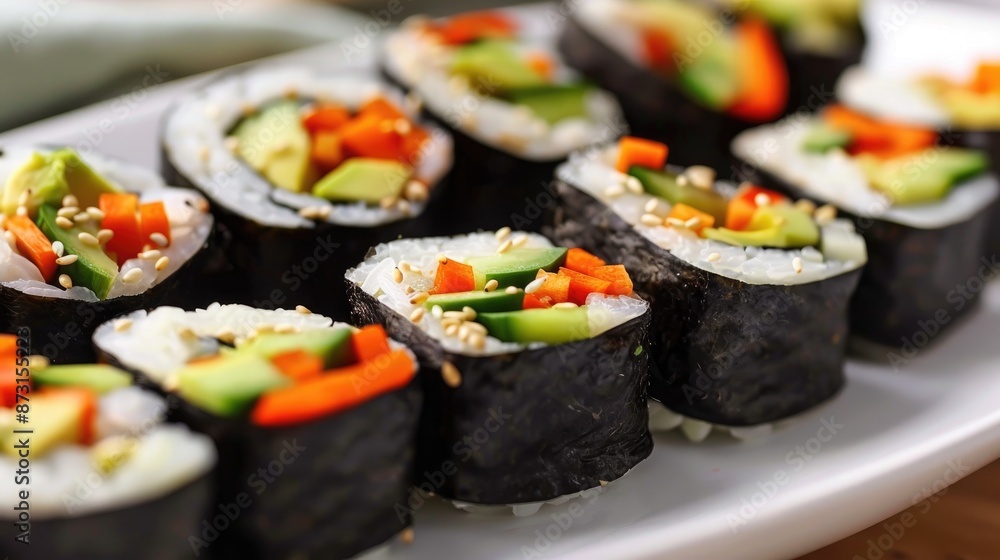 Close up photo of vegan sushi rolls with avocado veggies and soy nut dressing on white dish Concept of healthy organic plant based food Close up photo of vegan sushi rolls with avocado veggies and soy nut dressing on white dish Concept of healthy organic plant based food