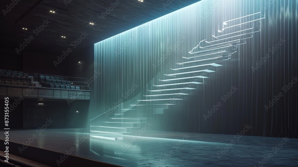 Fototapeta premium a side view to a transparent magical glowing staircase in the air above an empty theater stage, soft dim lighting 