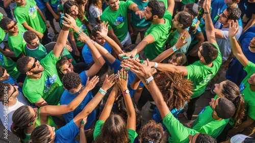 Group of people in green shirts celebrating together outdoors. Top view of diverse people cheering and supporting their sport team. Photography. Teamwork and celebration concept for social. AIG53F. photo