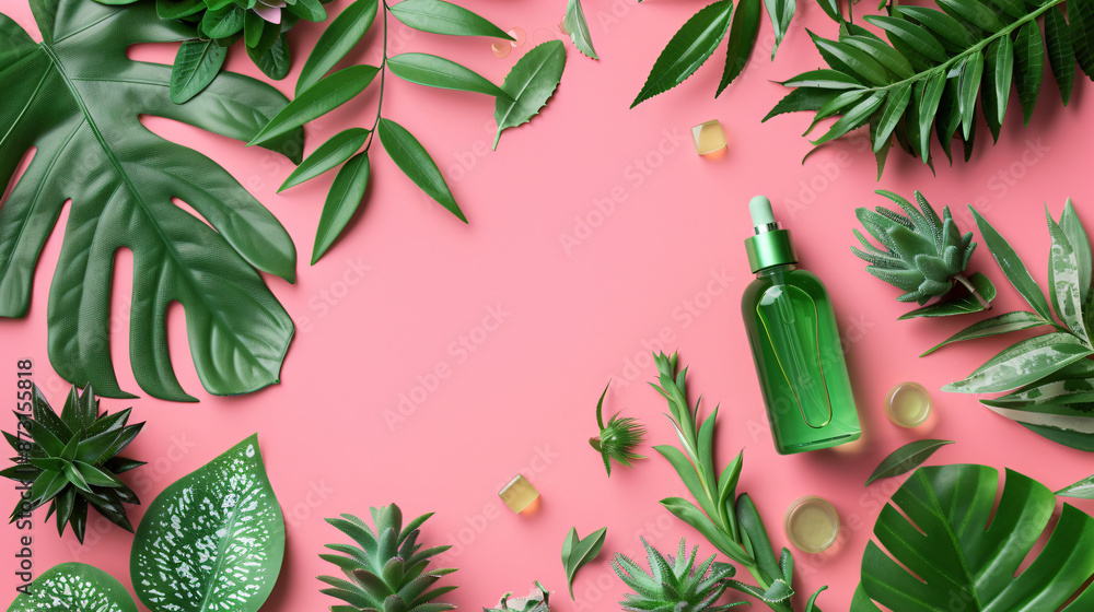 Aloe vera cosmetic products on a pink background with copy space, in a flat lay top view. Flat lay. Aloe brush oil, creme and serum bottles in green glass with plant leaves. Top down view. Aloe vera cosmetic products on a pink background with copy space, in a flat lay top view. Flat lay. Aloe brush oil, creme and serum bottles in green glass with plant leaves. Top down view.