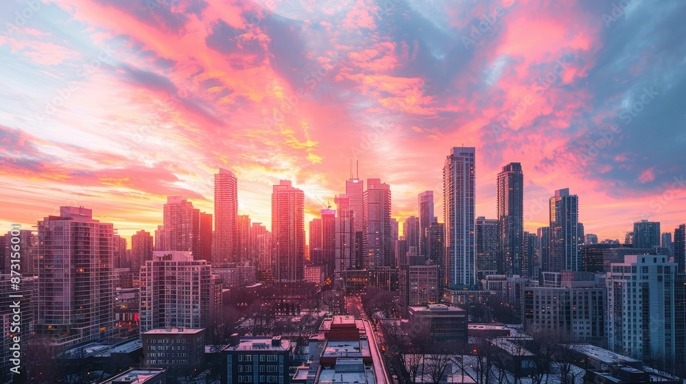 Fototapeta premium A city skyline at sunset, with the sky ablaze in shades of pink and orange behind tall city buildings.