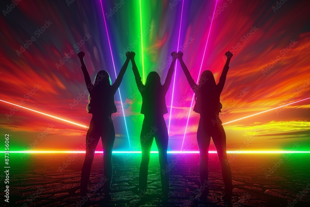Energetic illustration of friends dancing, symbolizing joy and celebration with vibrant, neon colors. Energetic illustration of friends dancing, symbolizing joy and celebration with vibrant, neon colors.