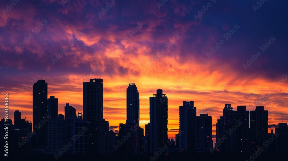 A city skyline at sunset, with the sky filled with hues of orange and purple behind the silhouettes of tall buildings. A city skyline at sunset, with the sky filled with hues of orange and purple behind the silhouettes of tall buildings.