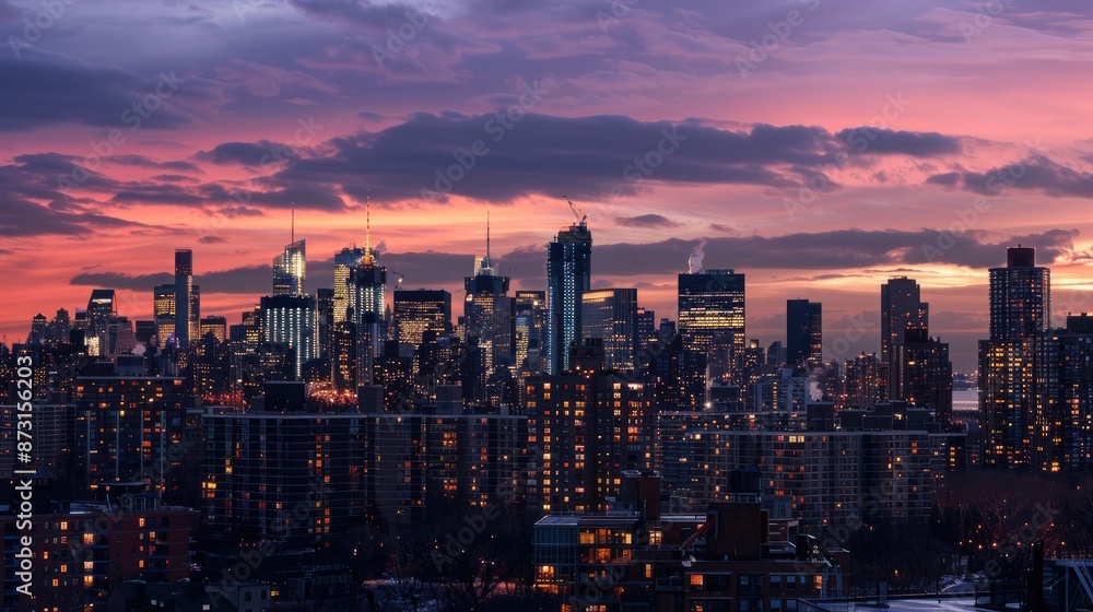Obraz premium A city skyline at twilight, with the lights of buildings starting to glow against the darkening sky.