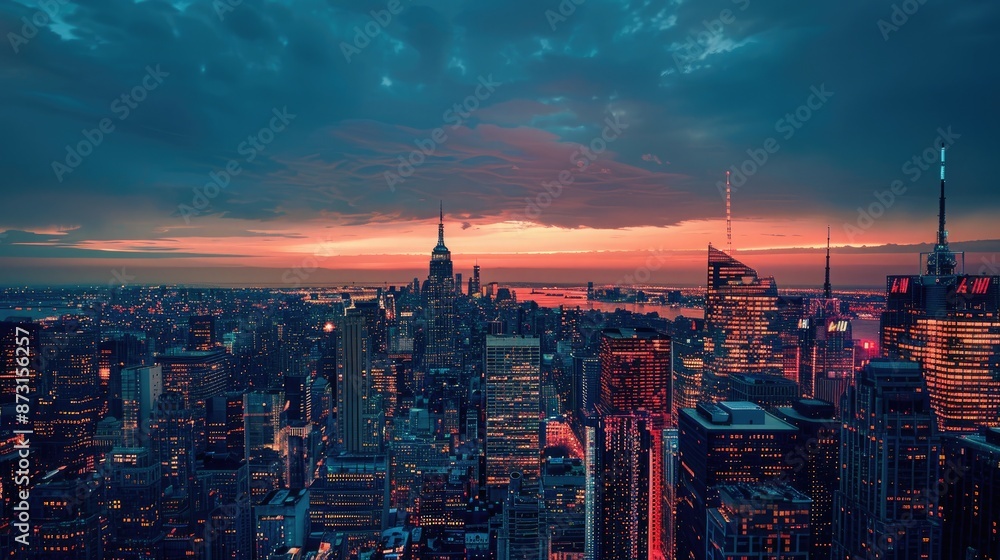 Fototapeta premium A city skyline at twilight, with the lights of buildings starting to glow against the darkening sky.