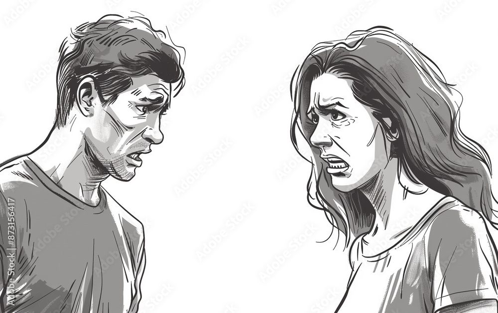 Monochrome cartoon-style image with strong emotional expressions, featuring a distressed woman on the right and a man on the left. Simplified design with sketch-like lines. Monochrome cartoon-style image with strong emotional expressions, featuring a distressed woman on the right and a man on the left. Simplified design with sketch-like lines.
