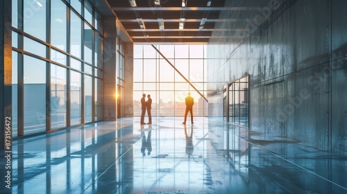 Modern office interior with large floor-to-ceiling windows, polished floors reflecting sunlight, and two business people standing and talking
