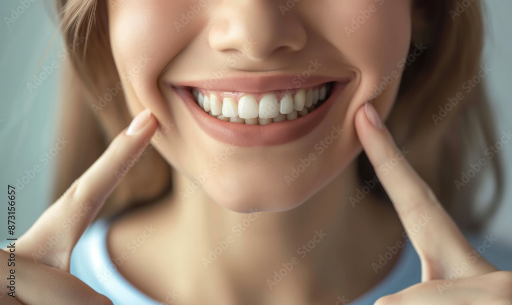 Radiant smile showcasing perfect teeth, woman's fingers framing face Radiant smile showcasing perfect teeth, woman's fingers framing face