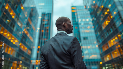 A man in a suit stands in an urban setting with tall buildings in the background. He is looking to the right, possibly at something beyond the frame