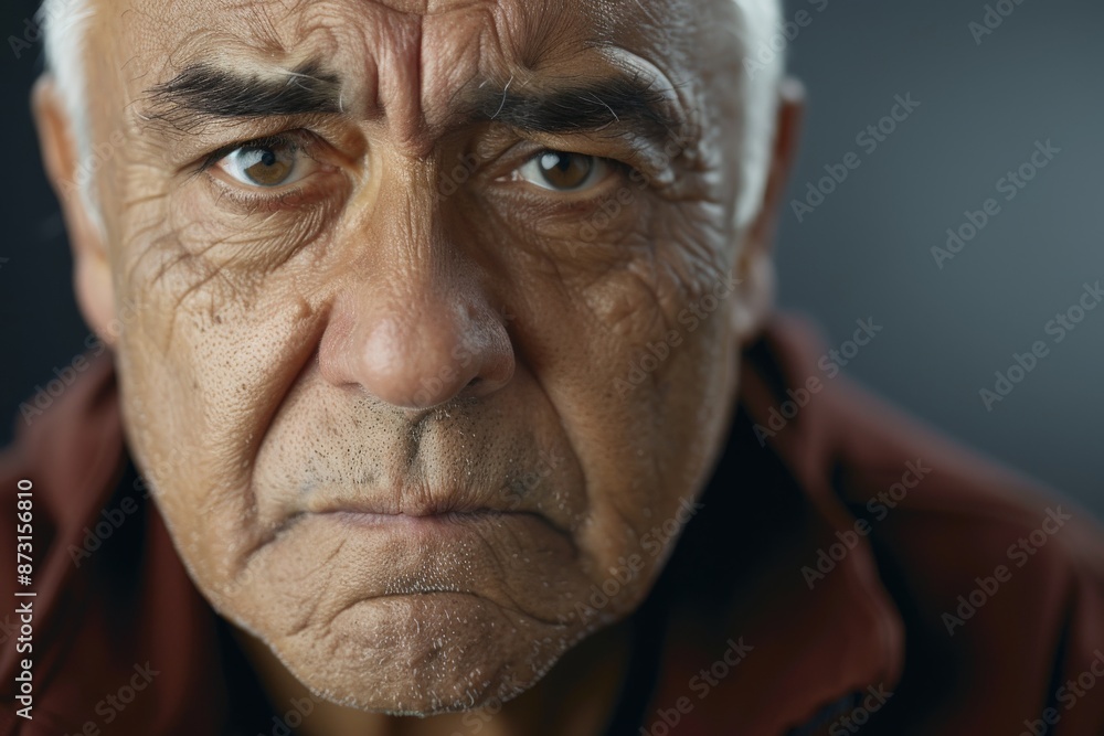 A serious elderly man with a furrowed brow and an intense gaze, wearing a dark outfit, photographed in a dramatic close-up that emphasizes his stern expression. A serious elderly man with a furrowed brow and an intense gaze, wearing a dark outfit, photographed in a dramatic close-up that emphasizes his stern expression.