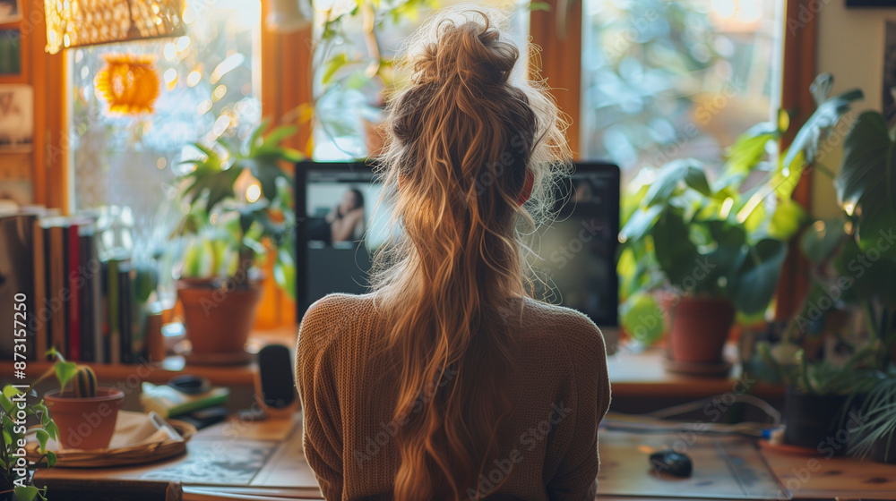 A woman with long, blonde hair sits at a desk in front of a computer. She is focused on her work, surrounded by lush greenery and a bright window A woman with long, blonde hair sits at a desk in front of a computer. She is focused on her work, surrounded by lush greenery and a bright window