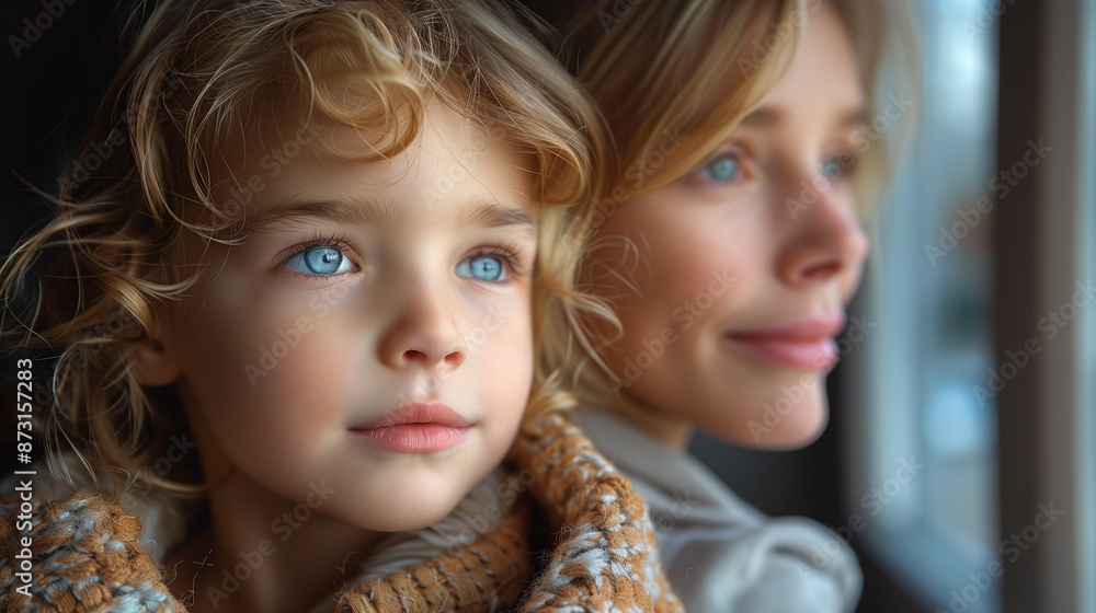 A young girl with blonde curls and bright blue eyes gazes out of a window, her mother's face visible beside her, a look of shared wonder and anticipation in their eyes A young girl with blonde curls and bright blue eyes gazes out of a window, her mother's face visible beside her, a look of shared wonder and anticipation in their eyes
