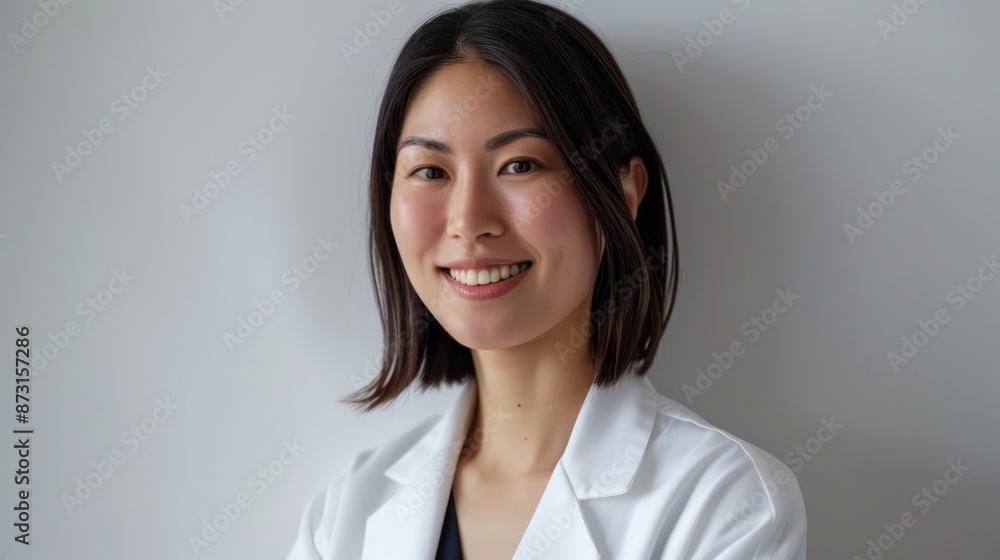 A woman with short hair and a white lab coat is smiling A woman with short hair and a white lab coat is smiling