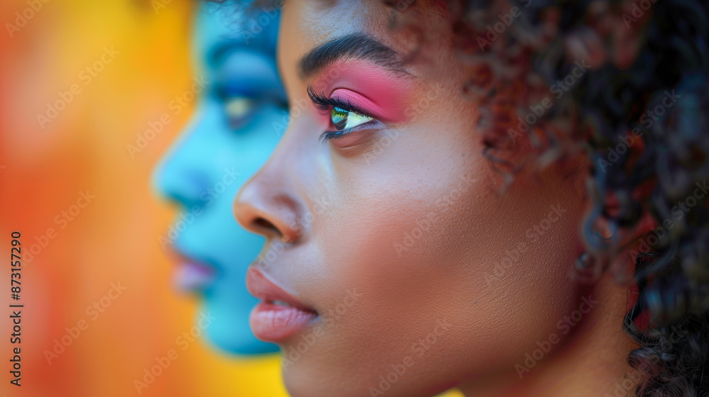 Obraz premium Two women stand together, one intensely gazing into the distance with dark eyes, against a vibrant orange and blue background