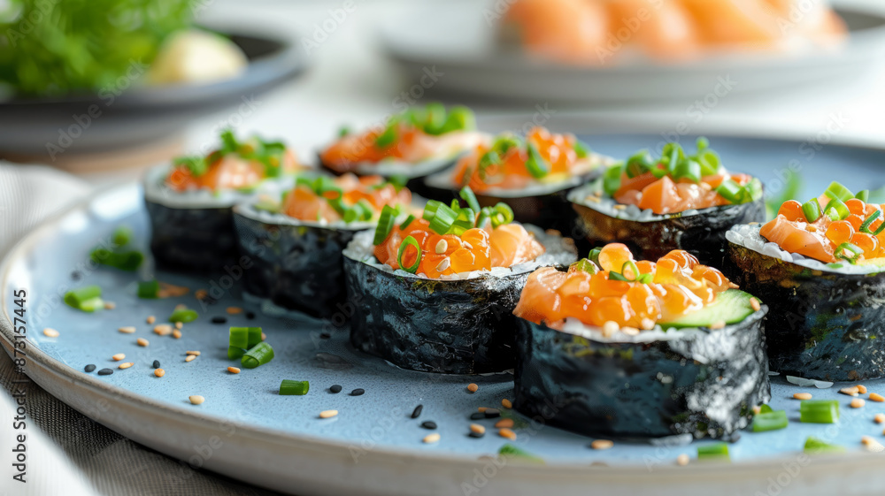 Close-up of sushi rolls garnished with green onions and sesame seeds. Close-up of sushi rolls garnished with green onions and sesame seeds.