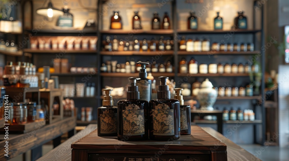 Luxury Bottles on Display in Apothecary Shop Luxury Bottles on Display in Apothecary Shop