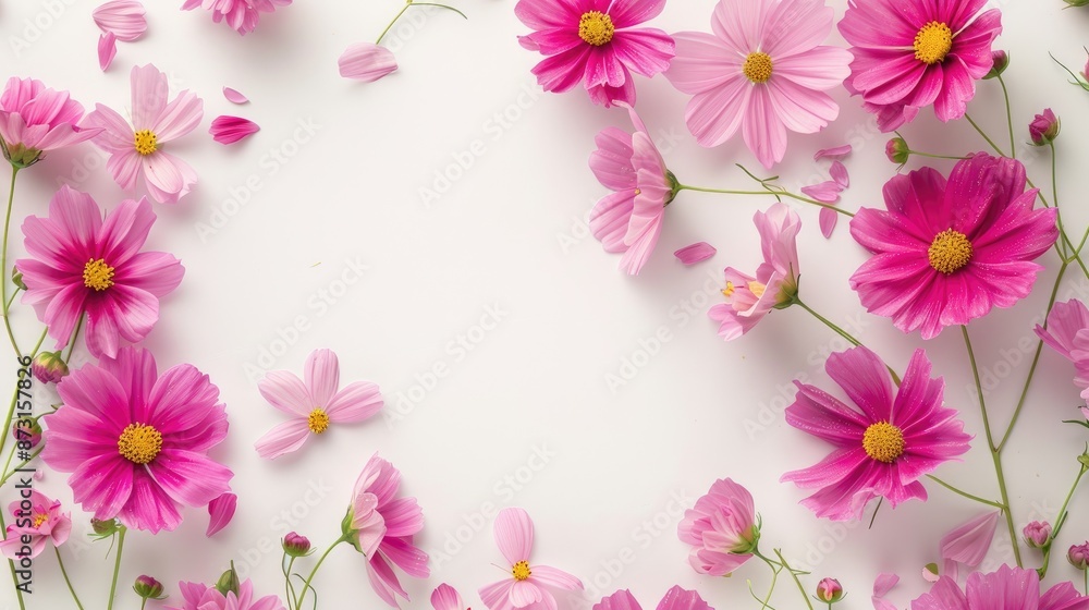 Fototapeta premium Pink cosmos flowers arranged beautifully on white background viewed from above with empty space around