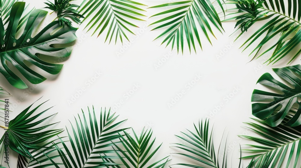 Tropical palm leaf frame on white background with text space Top view flat lay