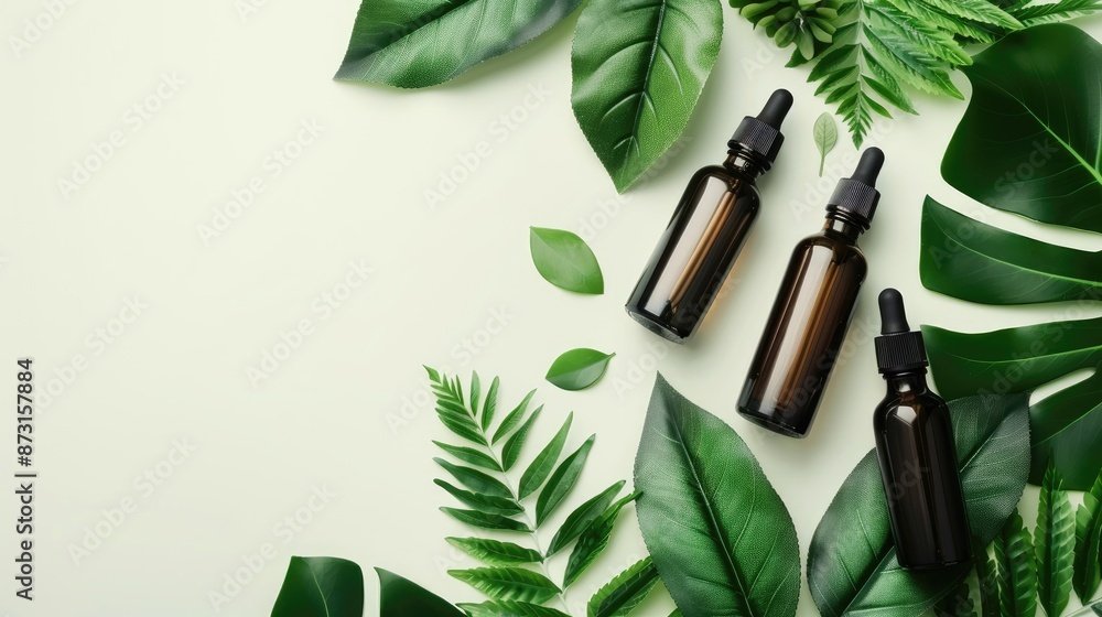 Natural concept with dark bottles green leaves and writing space on light background Natural concept with dark bottles green leaves and writing space on light background