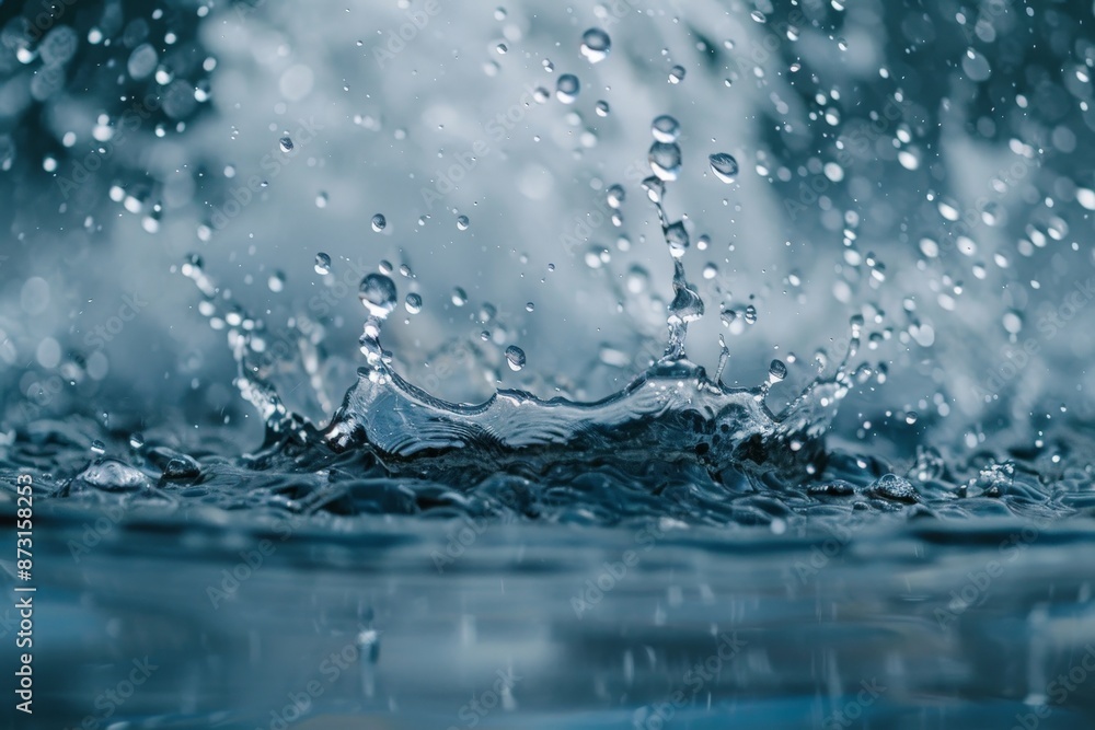 A vivid depiction of water splashing, showing clear droplets suspended in the air, revealed with high clarity to focus on the dynamics of the water impacts. A vivid depiction of water splashing, showing clear droplets suspended in the air, revealed with high clarity to focus on the dynamics of the water impacts.