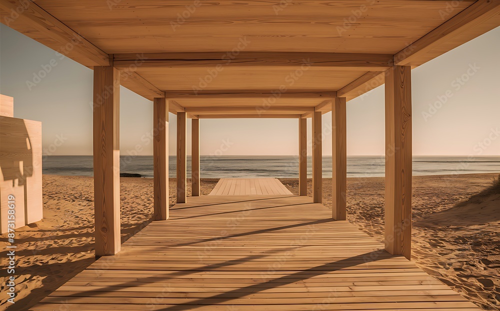 A wooden pergola with a slatted floor leads to a view of the ocean beach. The sunlight creates long shadows on the walkway. A wooden pergola with a slatted floor leads to a view of the ocean beach. The sunlight creates long shadows on the walkway.