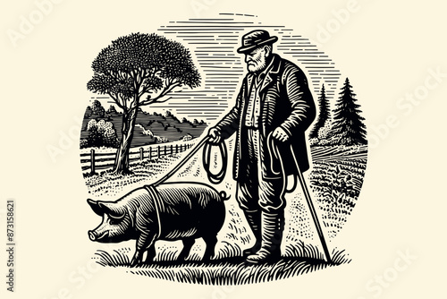 Truffle mushroom. Looking for truffles with a pig. mushroom hunting. A man with a pig on a leash.  Vintage black engraving vector illustration. Hand drawing, outline, line art	
