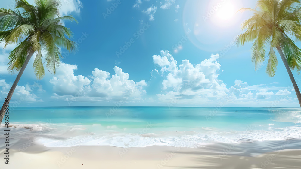 Obraz premium Coconut tree on tropical beach with blue sky and white clouds. Copy space of summer vacation and business travel concept.