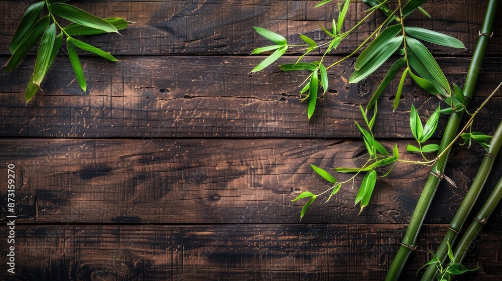 Obraz premium Zen concept with green bamboo on aged wooden backdrop