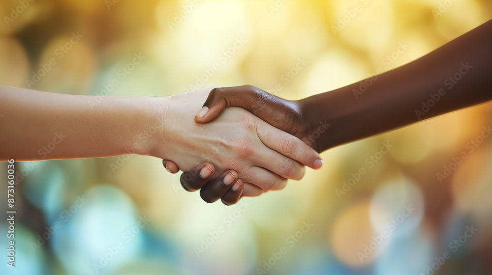 Unity Through Handshake: Light and Dark-Skinned Hands in Firm, Friendly Gesture with Warm Background and Bokeh Effects Unity Through Handshake: Light and Dark-Skinned Hands in Firm, Friendly Gesture with Warm Background and Bokeh Effects