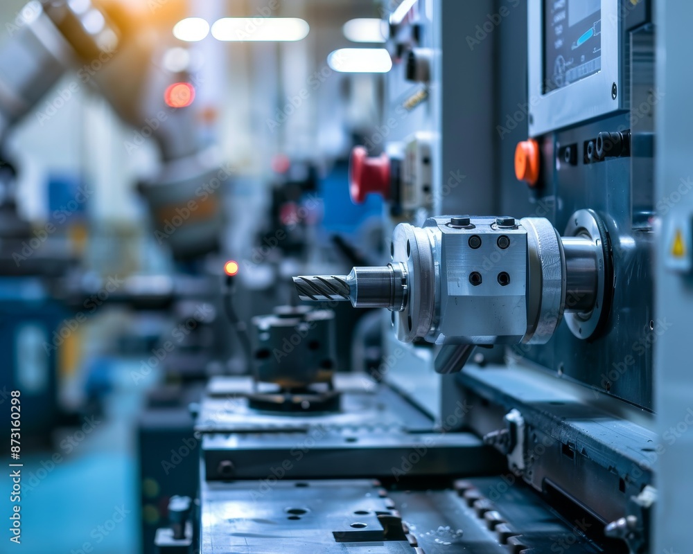 Automated drilling machine working on a production line, showcasing industrial automation. Automated drilling machine working on a production line, showcasing industrial automation.